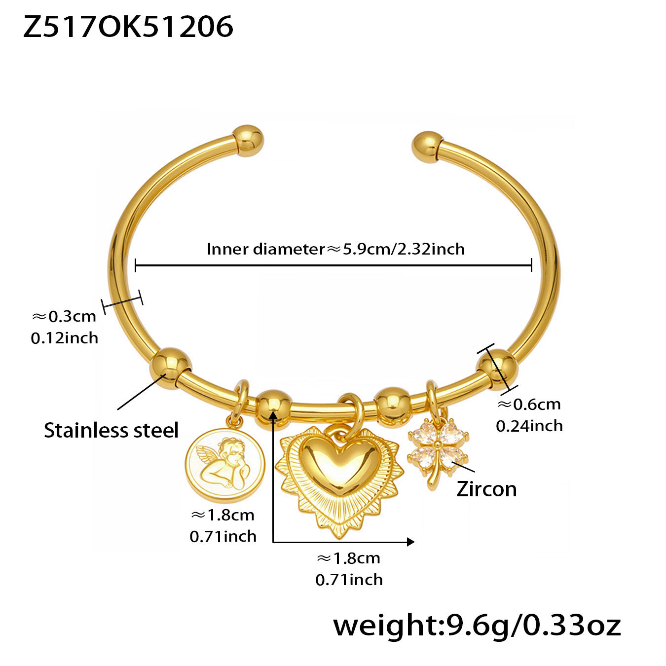 18k gold plated stainless steel c-shaped pendant bracelet spec view, inner diameter 5.9cm, weight 9.6g