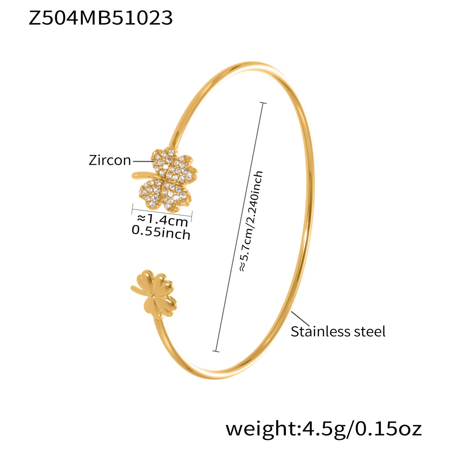 18k gold plated stainless steel clover zircon cuff bracelet spec view, 5.7cm diameter, 4.5g weight