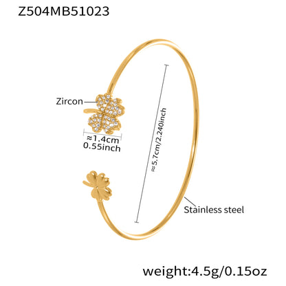 18k gold plated stainless steel clover zircon cuff bracelet spec view, 5.7cm diameter, 4.5g weight