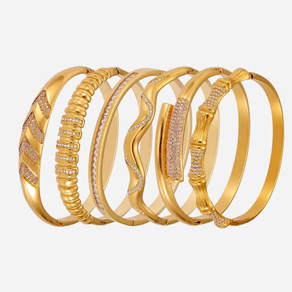 18K gold plated stainless steel bracelet set with geometric bamboo joint & zircon accents