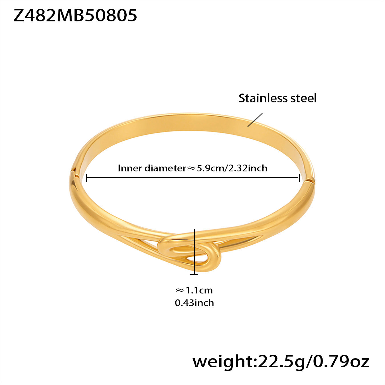 18k gold plated stainless steel knot design bracelet spec view, inner diameter 5.9cm, weight 22.5g