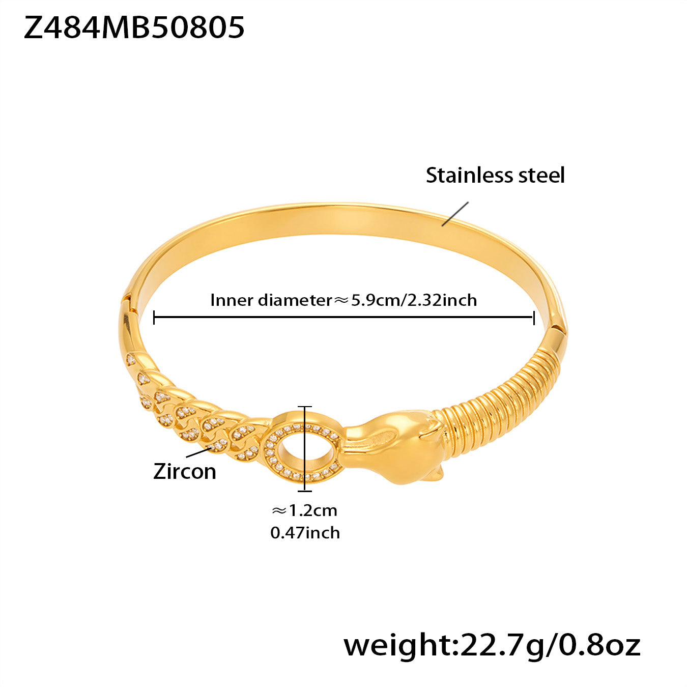 18k gold plated stainless steel leopard head zircon bracelet spec view, inner diameter 5.9cm, weight 22.7g