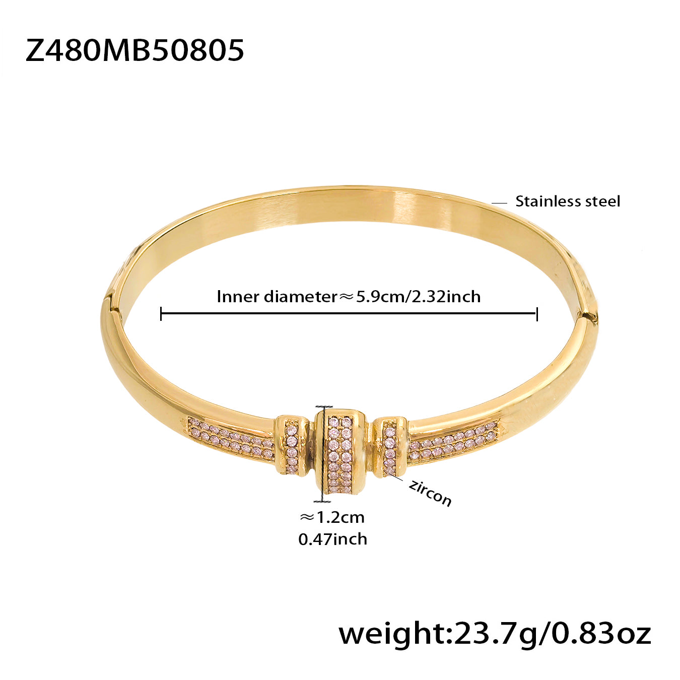18k gold plated stainless steel pink zircon bracelet spec view, inner diameter 5.9cm, weight 23.7g