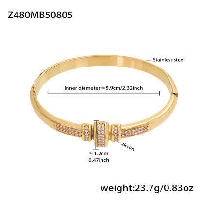 18k gold plated stainless steel pink zircon bracelet spec view, inner diameter 5.9cm, weight 23.7g