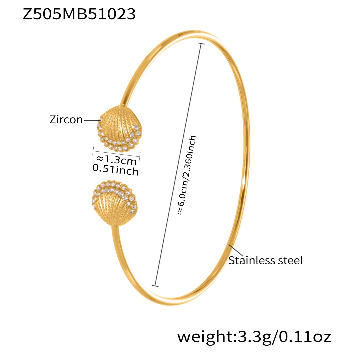 18k gold plated stainless steel shell zircon cuff bracelet spec view, 6.0cm diameter, 3.3g weight
