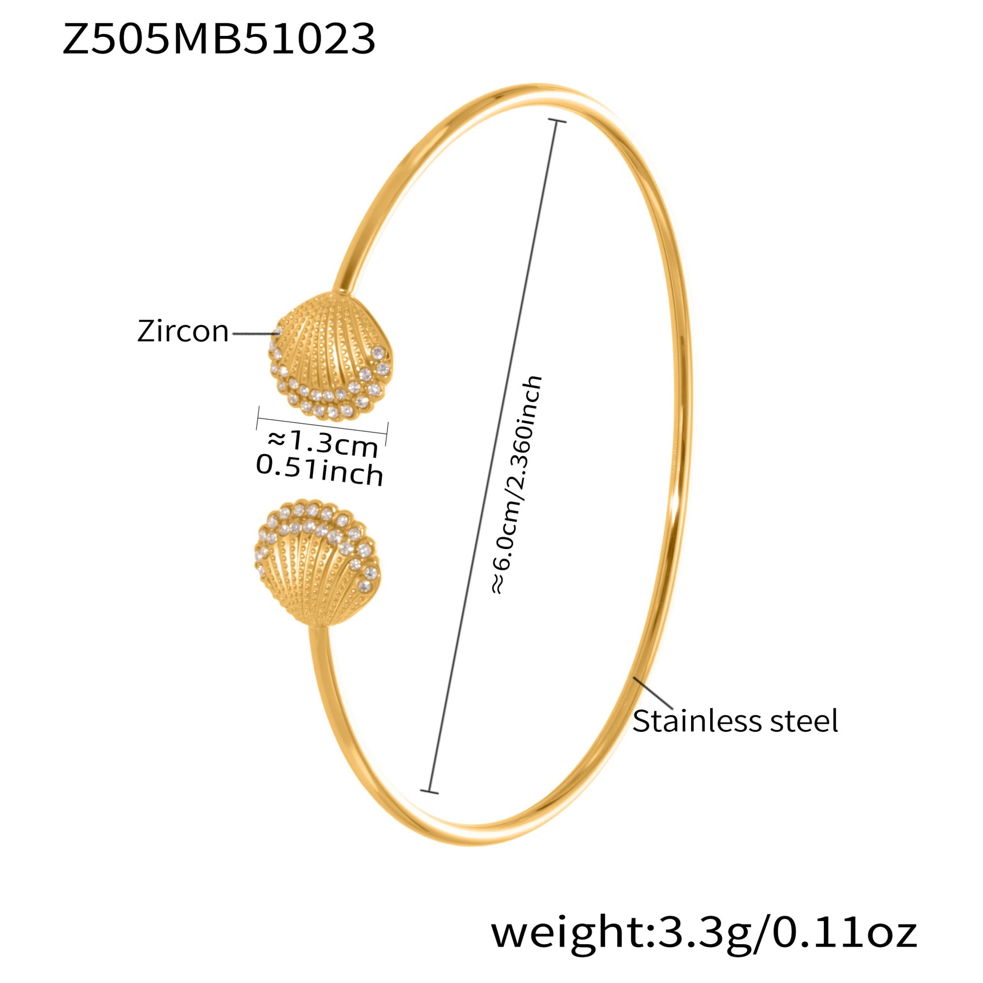 18k gold plated stainless steel shell zircon cuff bracelet spec view, 6.0cm diameter, 3.3g weight