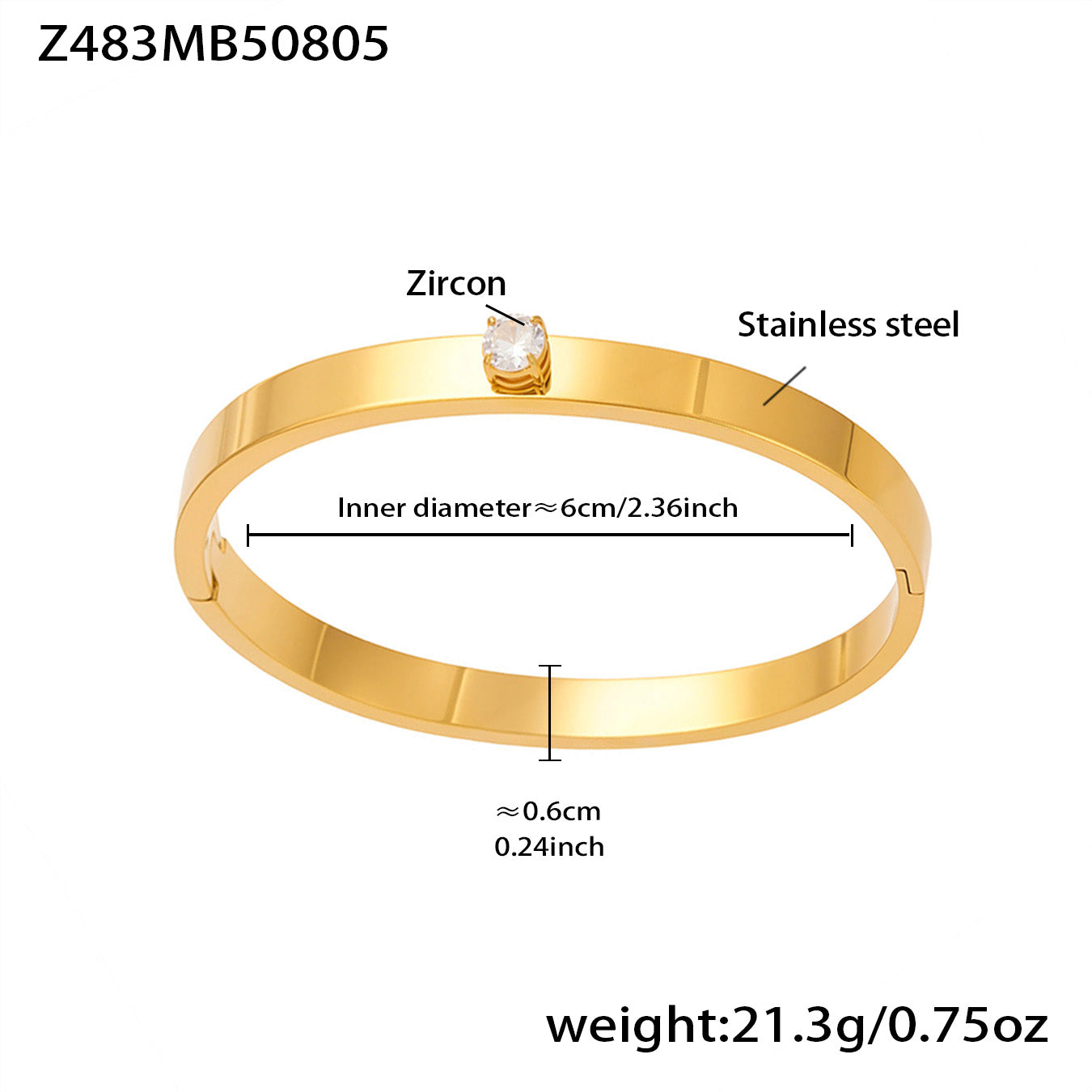 18k gold plated stainless steel single stone bracelet spec view, inner diameter 6cm, weight 21.3g
