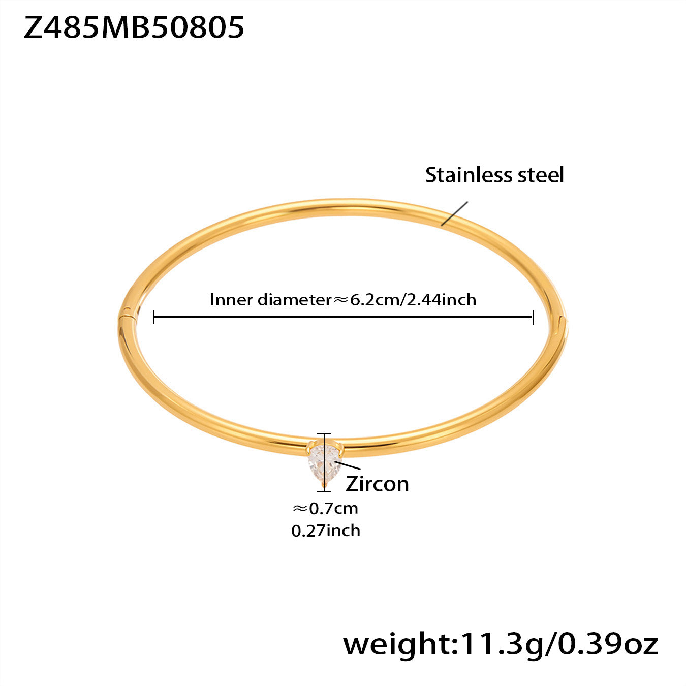 18k gold plated stainless steel single zircon bracelet spec view, inner diameter 6.2cm, weight 11.3g