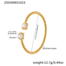 18k gold plated stainless steel square zircon beaded cuff bracelet spec view, 5.7cm diameter, 12.7g weight