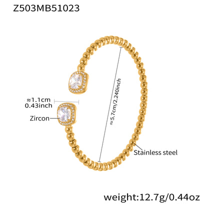 18k gold plated stainless steel square zircon beaded cuff bracelet spec view, 5.7cm diameter, 12.7g weight