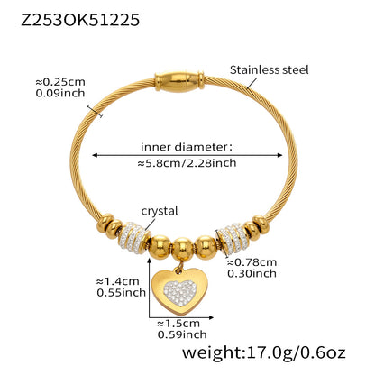 Gold 18k gold plated thin open bangle: heart zircon pendant 5.8cm inner diameter 17.0g weight