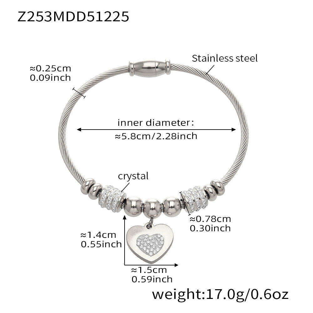 Silver 18k gold plated thin open bangle: heart zircon pendant 5.8cm inner diameter 17.0g weight