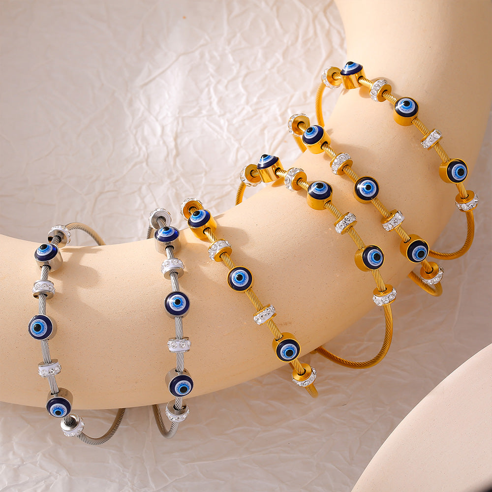 Multiple 18K gold plated & silver titanium steel evil eye enamel bracelets with rhinestones and magnetic clasp