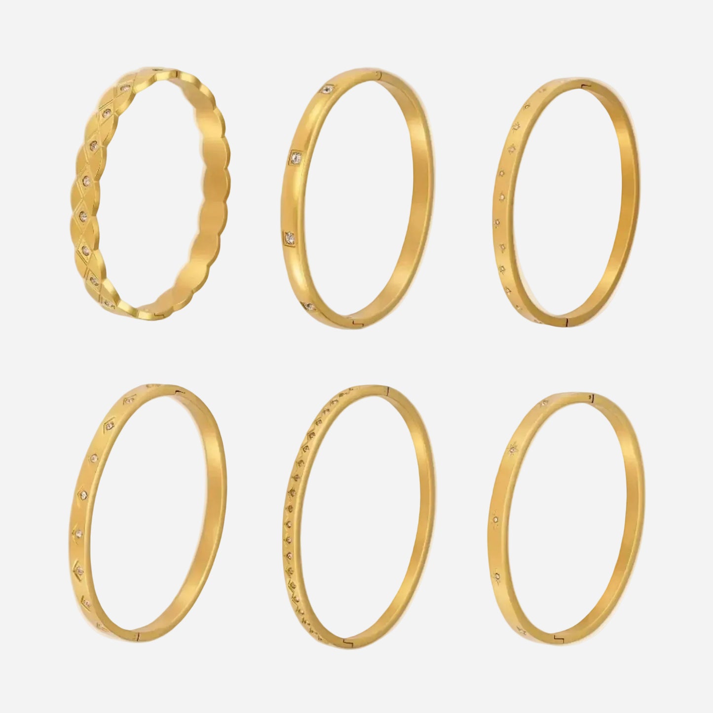 18k gold plated titanium steel zircon bangle set (6 styles) on white background, minimalist european fashion jewelry
