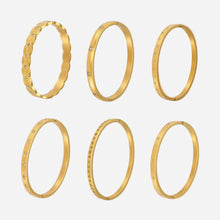 18k gold plated titanium steel zircon bangle set (6 styles) on white background, minimalist european fashion jewelry