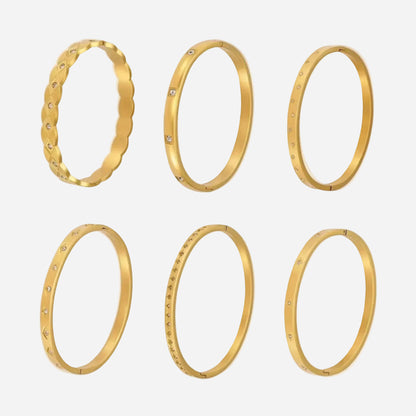 18k gold plated titanium steel zircon bangle set (6 styles) on white background, minimalist european fashion jewelry