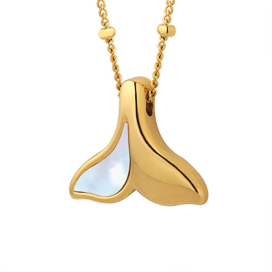 316L Stainless Steel 18K Gold PVD Modern Mermaid Tail White Mother-of-Pearl Pendant Necklace, Hypoallergenic Waterproof Dainty Whale Tail Necklace for Women, Wholesale Bulk Stainless Steel Jewelry for Boutique