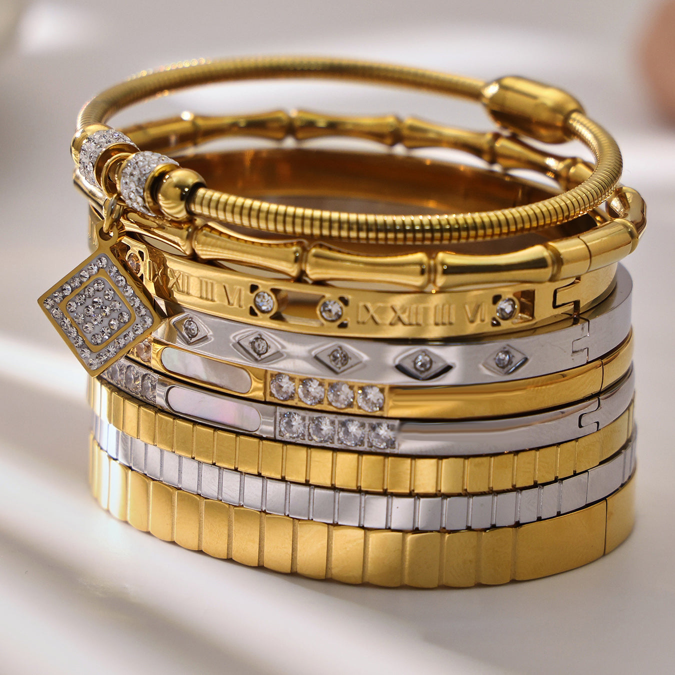 Gold silver 18k gold plated zircon bangle set stack, detailed design