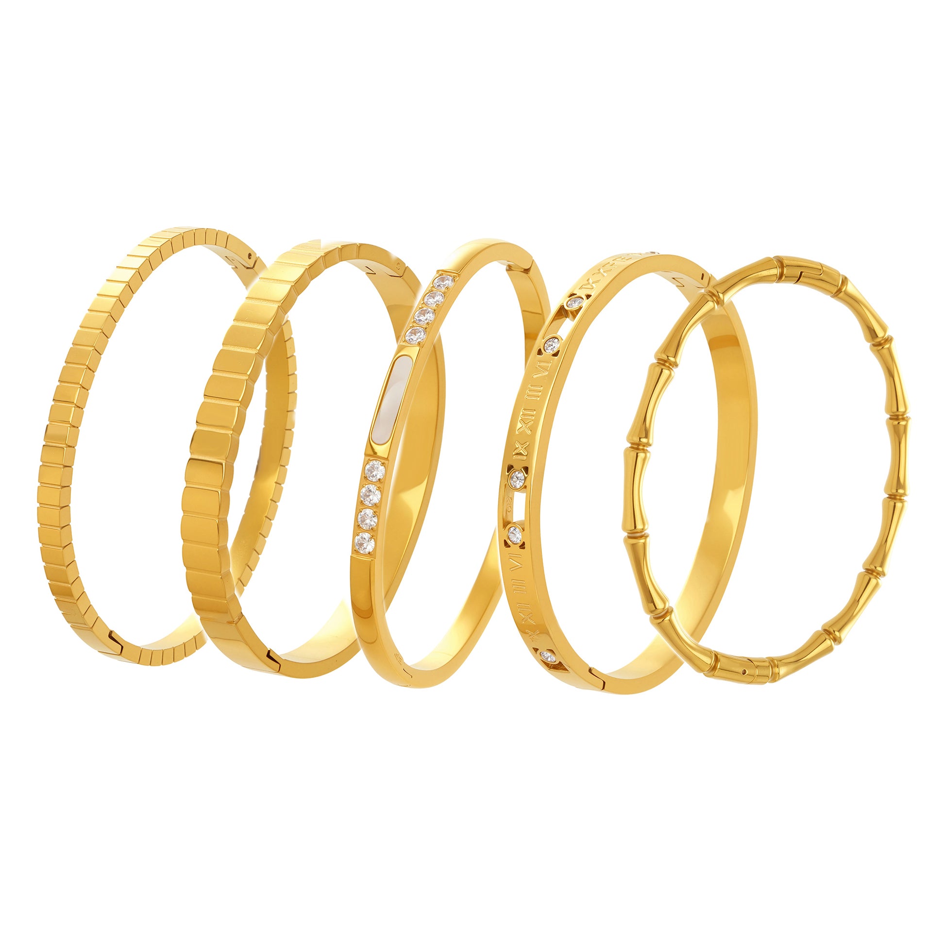 18k gold plated zircon bangle set, roman numeral bamboo chain texture bracelet