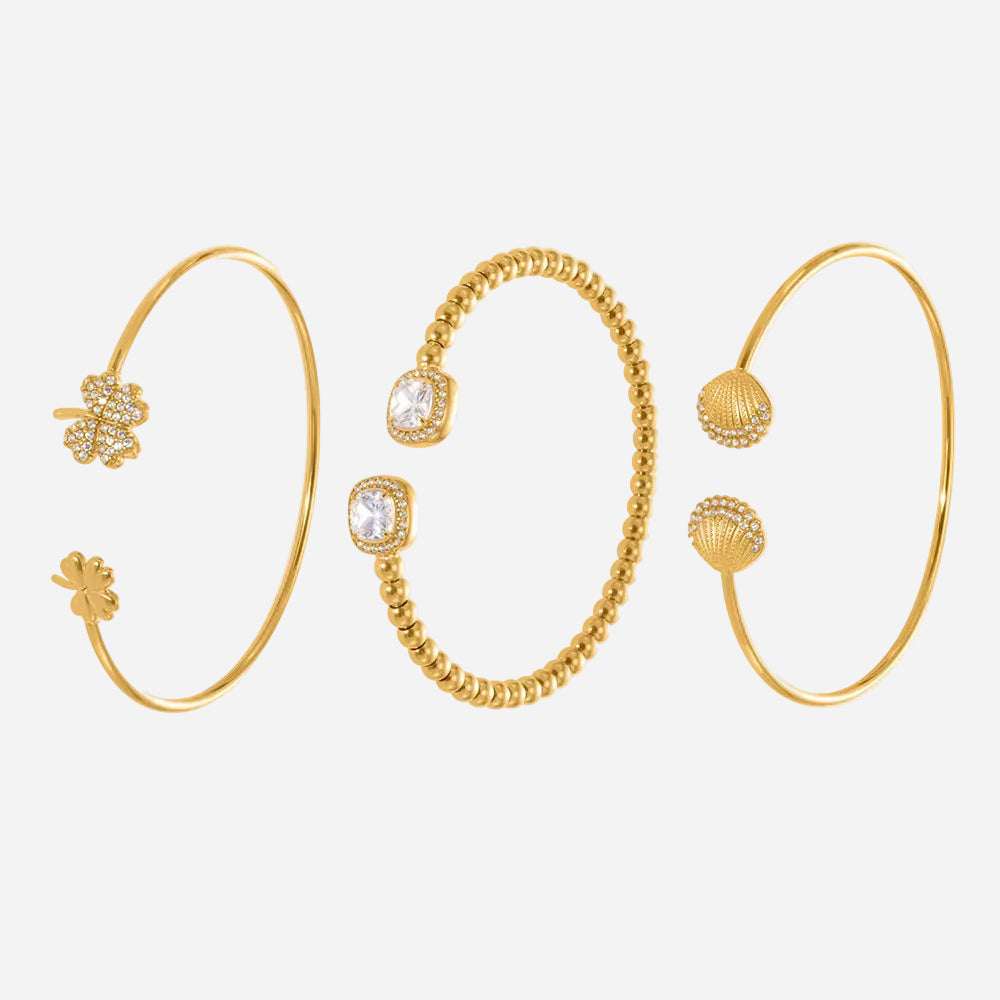 18k gold plated zircon embellished cuff bracelet set, shell clover square stone styles, stainless steel jewelry