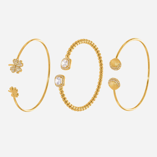 18k gold plated zircon embellished cuff bracelet set, shell clover square stone styles, stainless steel jewelry