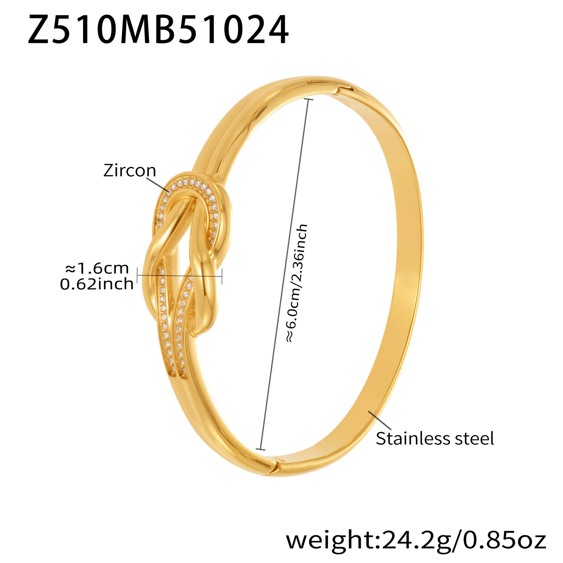 18K gold plated stainless steel bangle (Z510MB51024), zircon knot clasp, 1.6cm detail, inner diameter 6cm, weight 24.2g