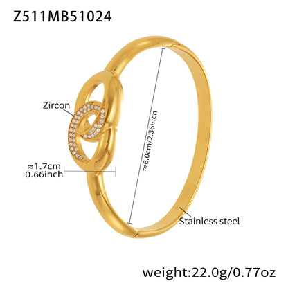 18K gold plated stainless steel bangle (Z511MB51024), zircon knot clasp, 1.7cm detail, inner diameter 6cm, weight 22g