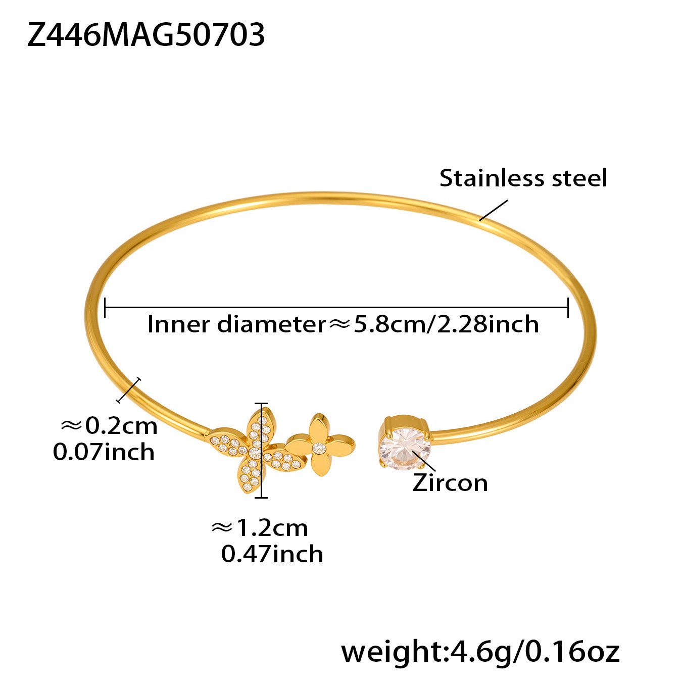 Gold 18k gold plated butterfly zircon cuff bangle: 5.8cm inner diameter 4.6g weight