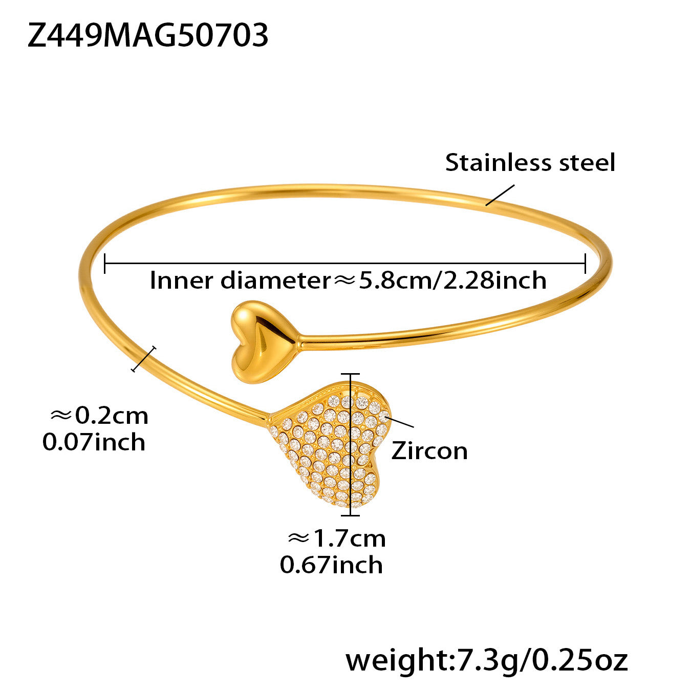 Gold 18k gold plated heart zircon cuff bangle: 5.8cm inner diameter 7.3g weight