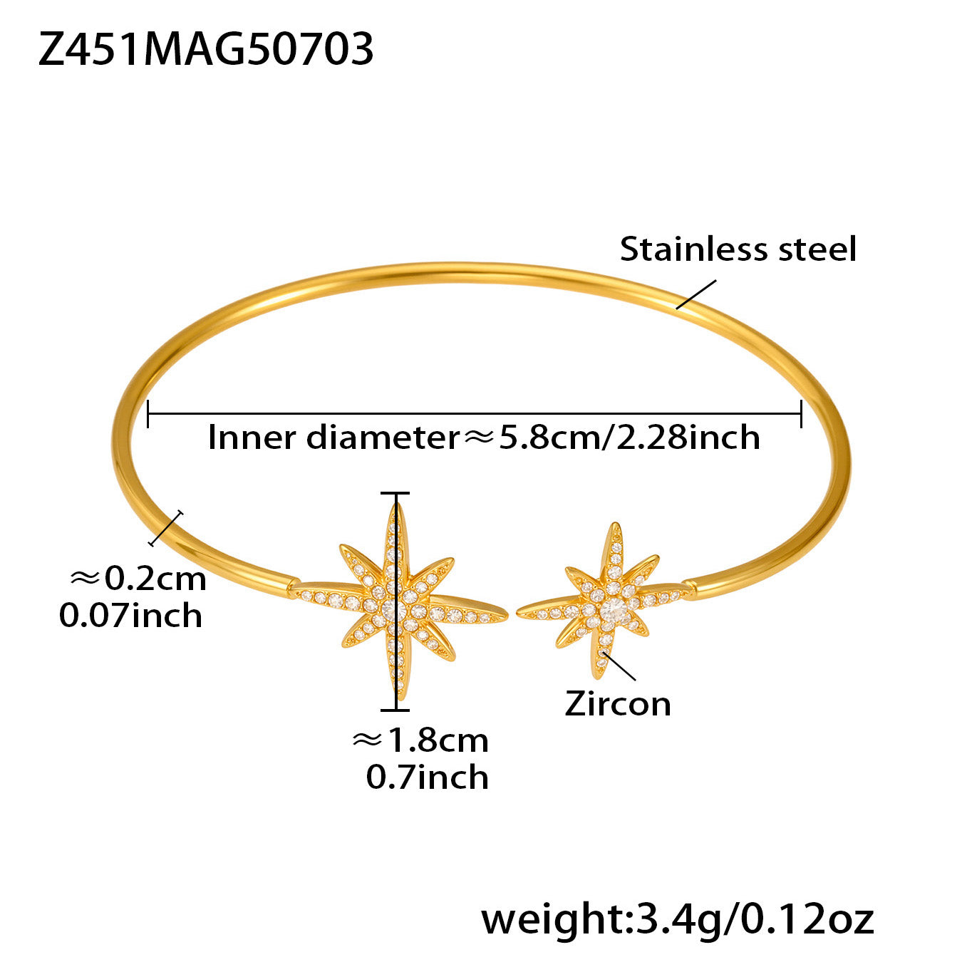 Gold 18k gold plated starfish zircon cuff bangle: 5.8cm inner diameter 3.4g weight