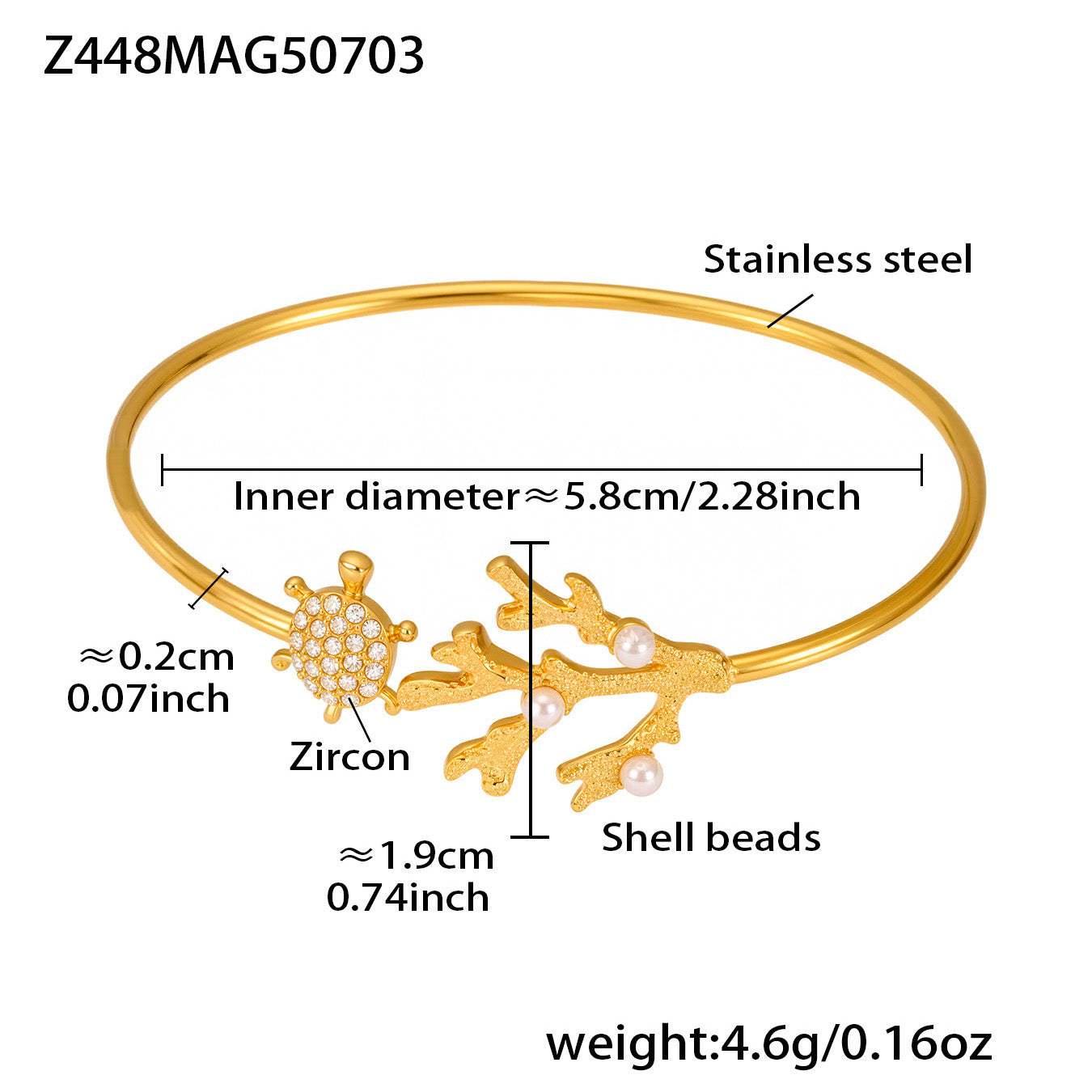 Gold 18k gold plated turtle coral zircon cuff bangle: 5.8cm inner diameter 4.6g weight