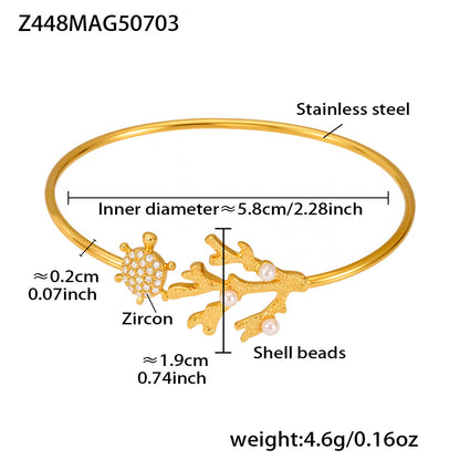 Gold 18k gold plated turtle coral zircon cuff bangle: 5.8cm inner diameter 4.6g weight