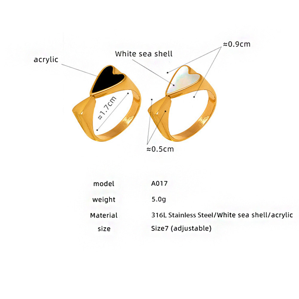 18K gold PVD plated double heart ring dimensions, adjustable size 7, made of 316L stainless steel