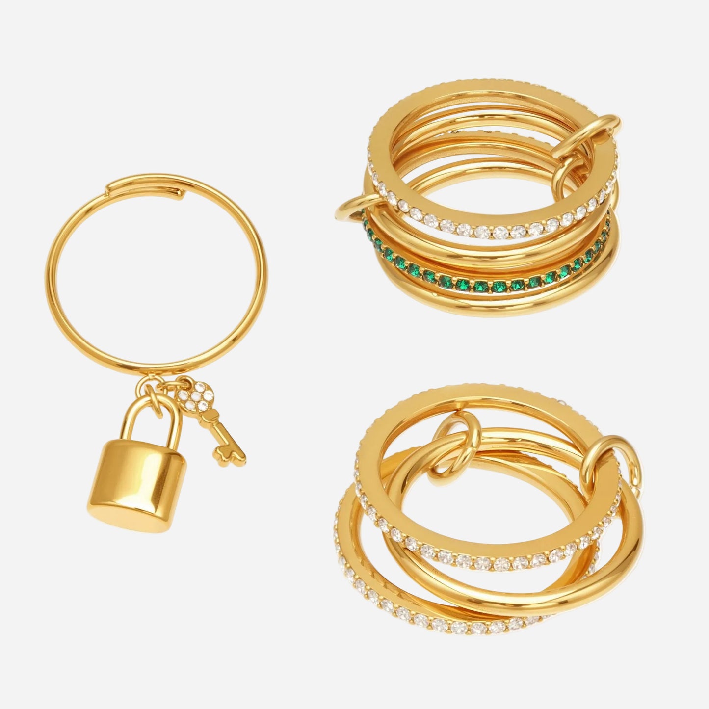 316L Stainless Steel Lock & Key Pave Stacked Ring with 18K Gold PVD