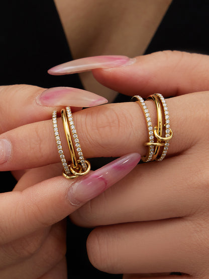 18K gold PVD stainless steel lock and key stacked ring with 5A zircon pave worn on finger
