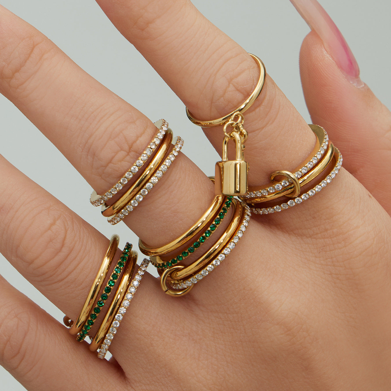 316L Stainless Steel Lock & Key Pave Stacked Ring with 18K Gold PVD