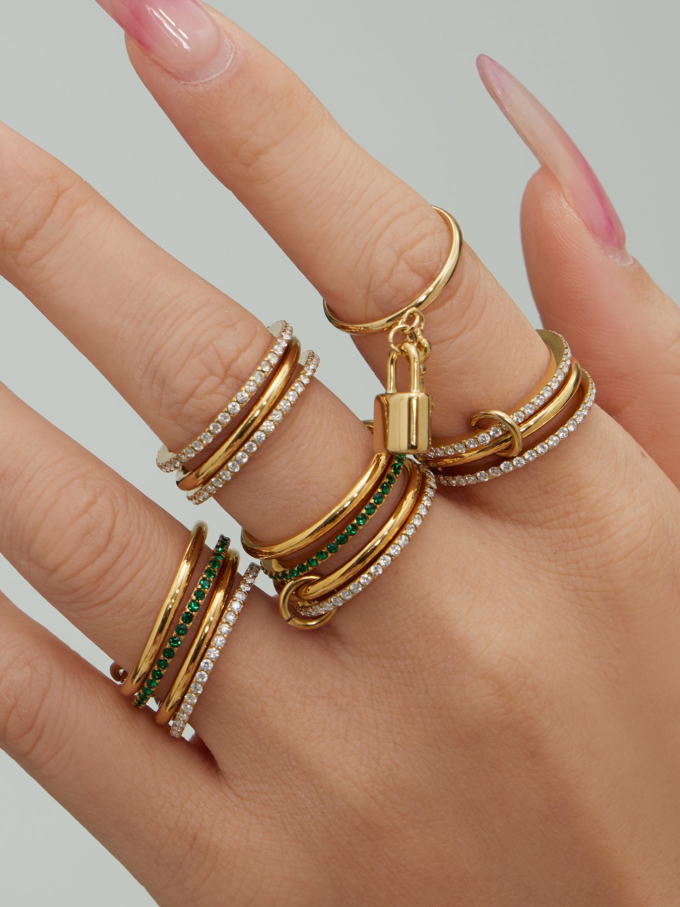 316L Stainless Steel Lock & Key Pave Stacked Ring with 18K Gold PVD