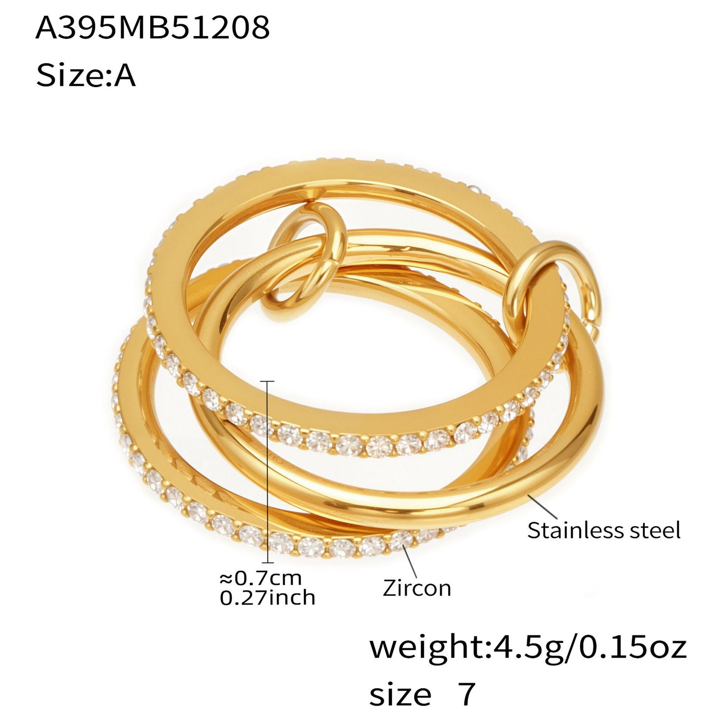 Size A 18K gold PVD stainless steel lock and key stacked ring with 5A zircon pave dimensions
