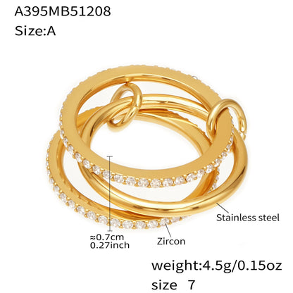 Size A 18K gold PVD stainless steel lock and key stacked ring with 5A zircon pave dimensions
