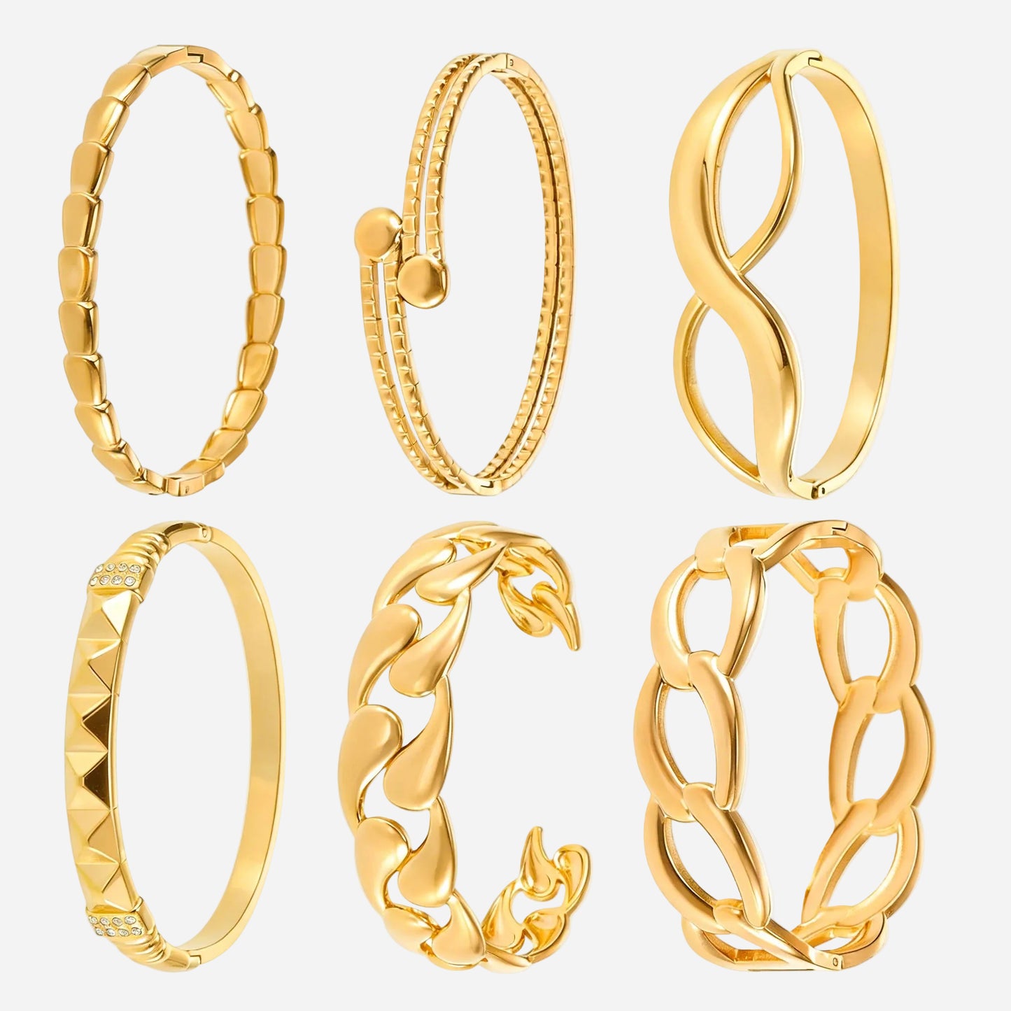 18K real gold PVD plated luxury bangle set (unified gold tone), featuring square segment, double loop, infinity, diamond pattern, chain link designs, fashion versatile jewelry
