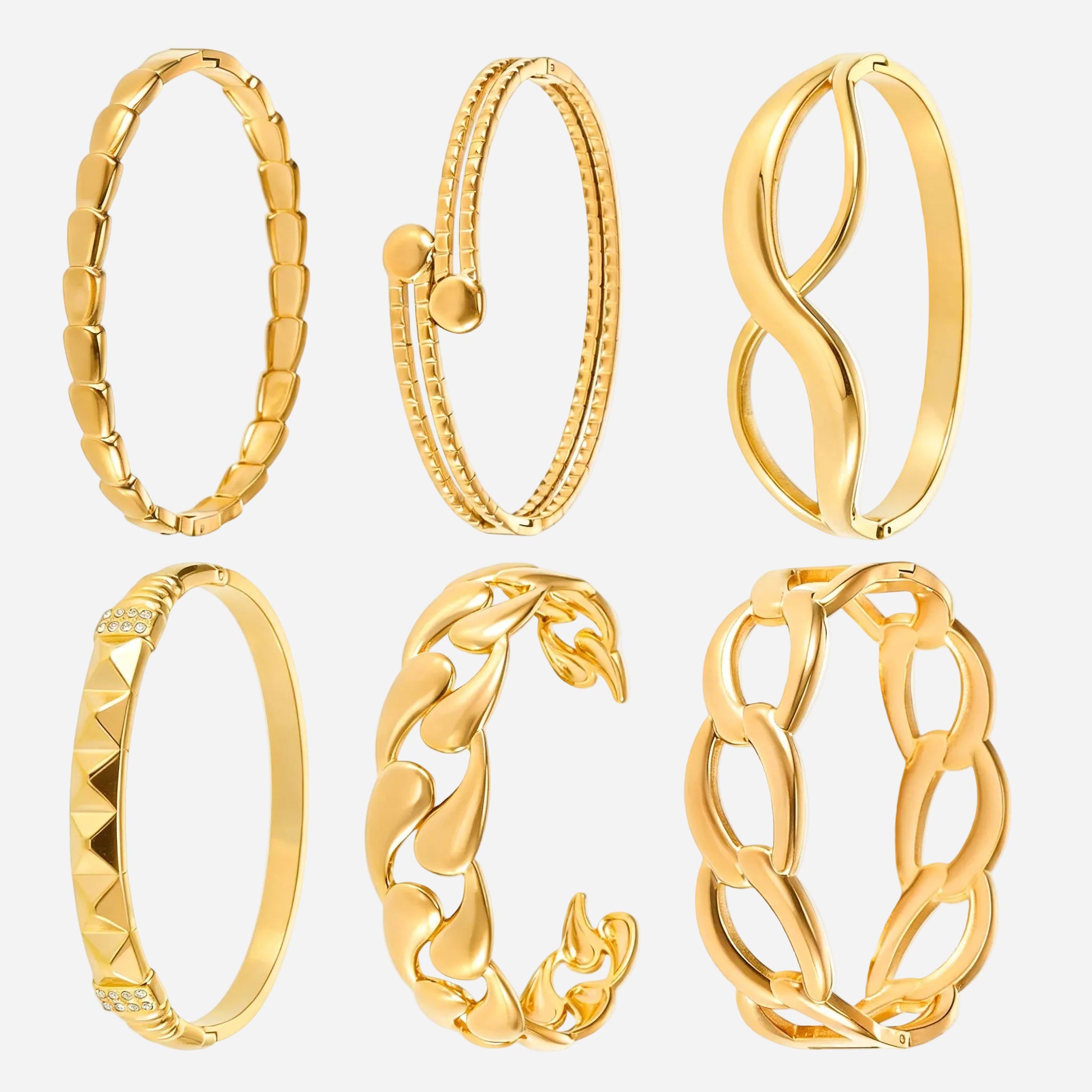 18K real gold PVD plated luxury bangle set (unified gold tone), featuring square segment, double loop, infinity, diamond pattern, chain link designs, fashion versatile jewelry
