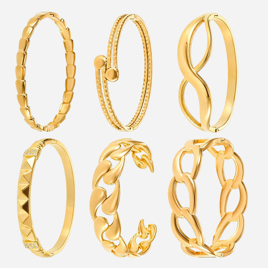 18K real gold PVD plated luxury bangle set (unified gold tone), featuring square segment, double loop, infinity, diamond pattern, chain link designs, fashion versatile jewelry
