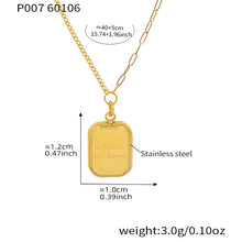 Gold tone 316L stainless steel necklace with "where is love" engraved tag pendant, size chart showing dimensions, length and weight details
