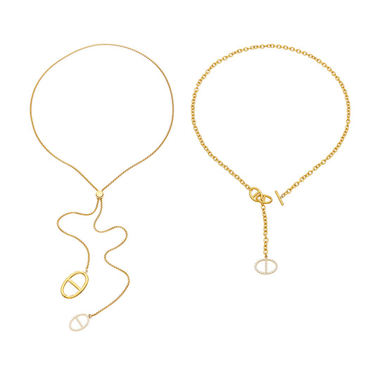 18K gold PVD stainless steel zircon toggle and long lariat necklace collection in two lengths
