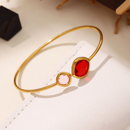 18k gold plated red & pink Czech glass stone open bangle, shiny cut stone detail