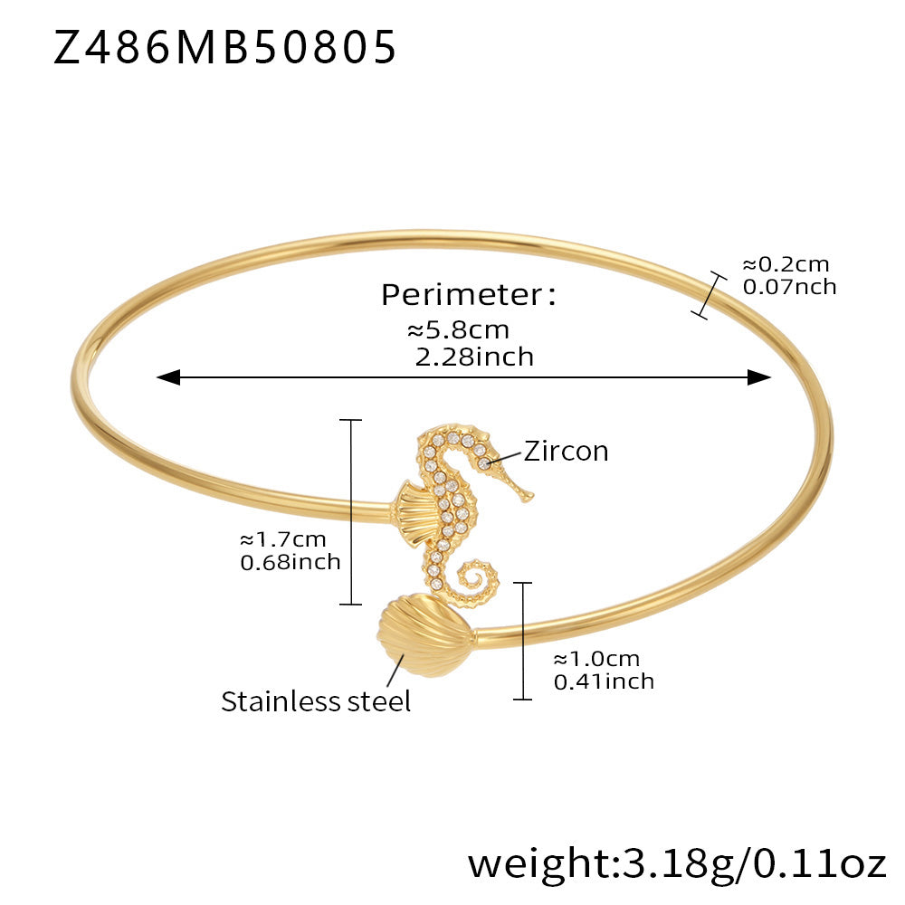 18K gold plated stainless steel seahorse-shell bangle spec view (5A zircon), perimeter 5.8cm, weight 3.18g