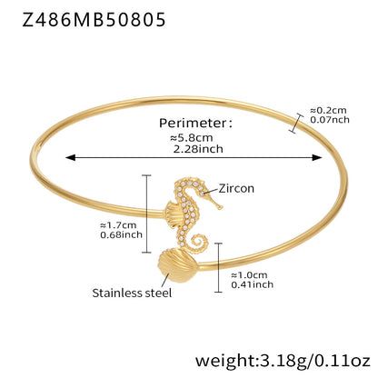 18K gold plated stainless steel seahorse-shell bangle spec view (5A zircon), perimeter 5.8cm, weight 3.18g