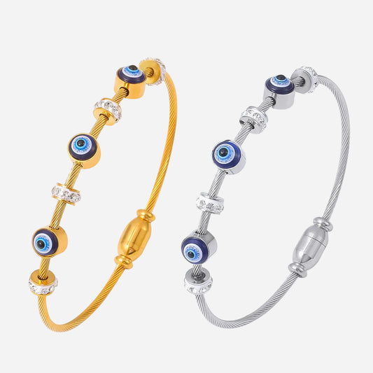 18K gold plated and silver titanium steel evil eye enamel bracelets with rhinestones, magnetic clasp