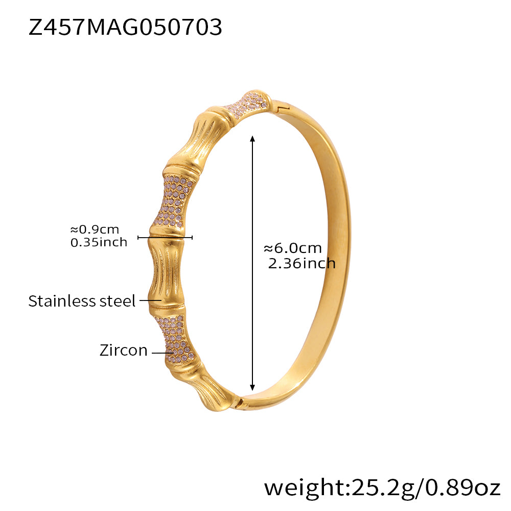 18K gold plated stainless steel bamboo joint bracelet (Z457MAG050703), 0.9cm pink zircon detail, inner diameter 6cm, weight 25.2g