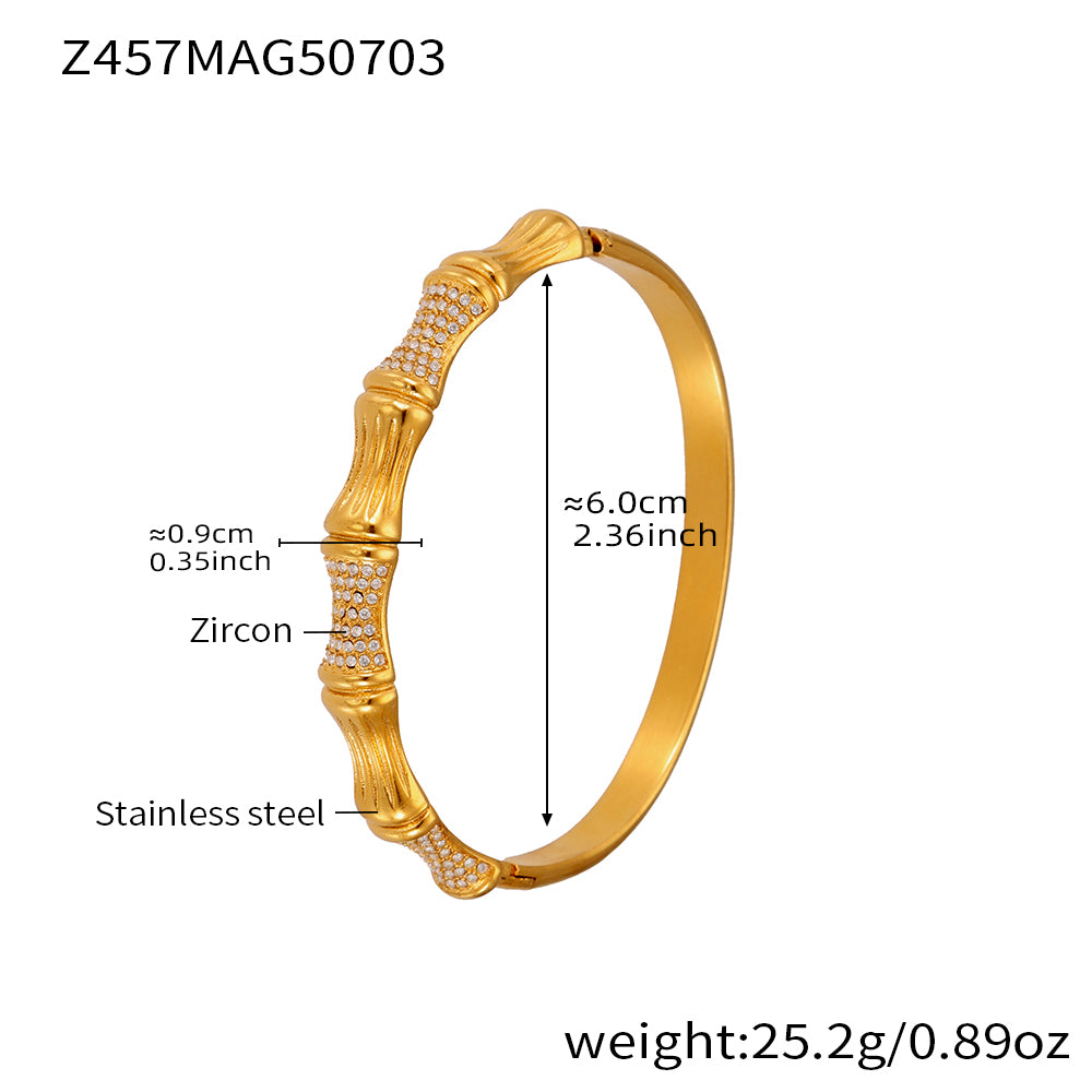 18K gold plated stainless steel bamboo joint bracelet (Z457MAG50703), 0.9cm white zircon detail, inner diameter 6cm, weight 25.2g